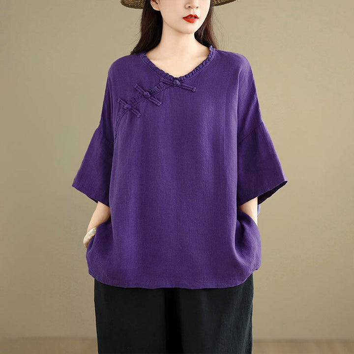 Buddha Stones Chemise unie en coton pour femme, col en V, manches longues et boutons brandebourg - image 13