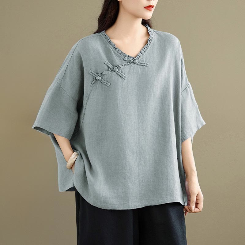 Buddha Stones Chemise unie en coton pour femme, col en V, manches longues et boutons brandebourg - image 2