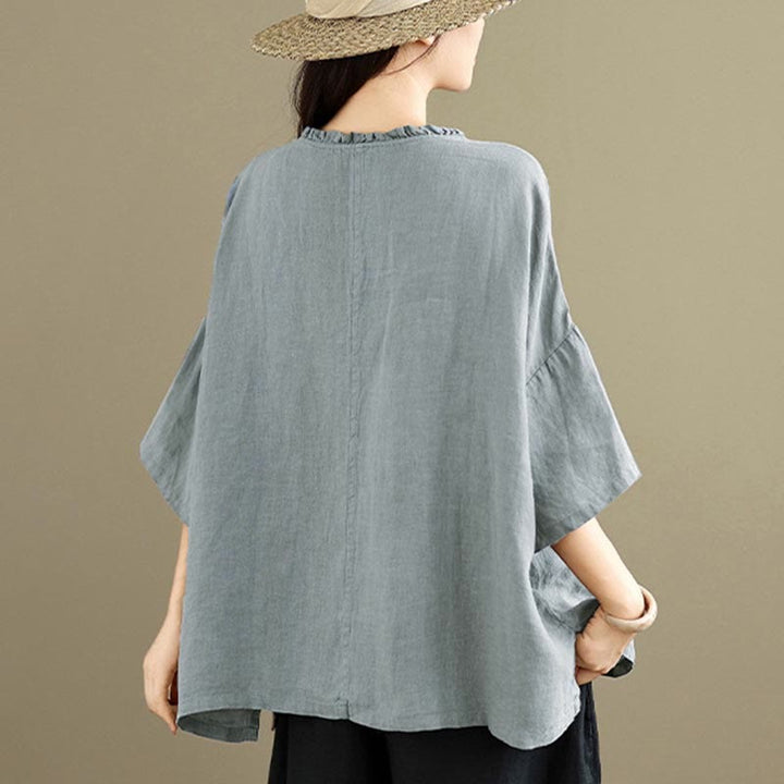 Buddha Stones Chemise unie en coton pour femme, col en V, manches longues et boutons brandebourg - image 5
