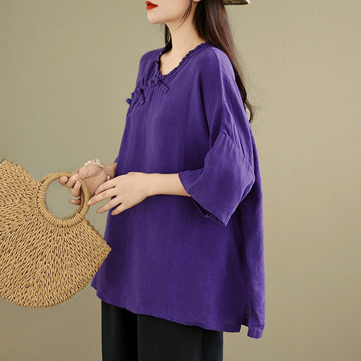 Buddha Stones Chemise unie en coton pour femme, col en V, manches longues et boutons brandebourg - image 16
