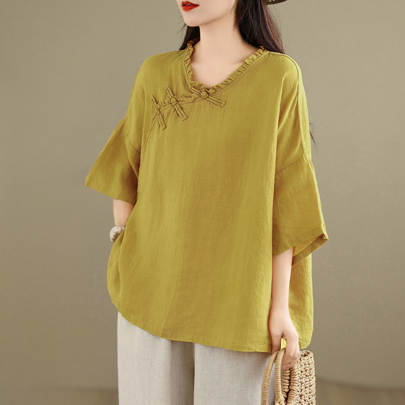 Buddha Stones Chemise unie en coton pour femme, col en V, manches longues et boutons brandebourg - image 9