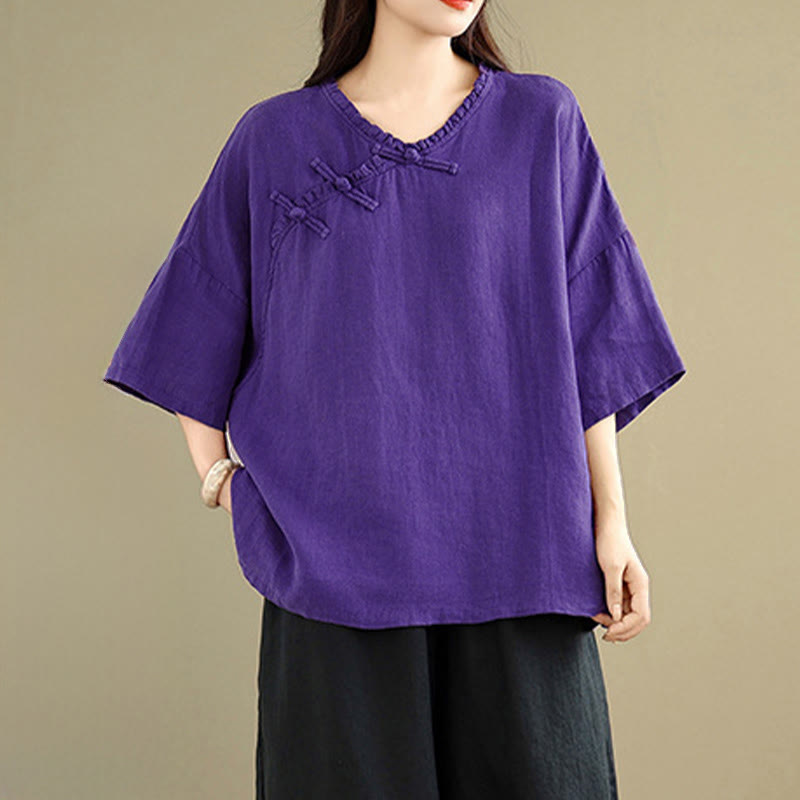 Buddha Stones Chemise unie en coton pour femme, col en V, manches longues et boutons brandebourg - Indigo - US8-10，UK/AU12-14，EU40-42 (2XL) - image 12