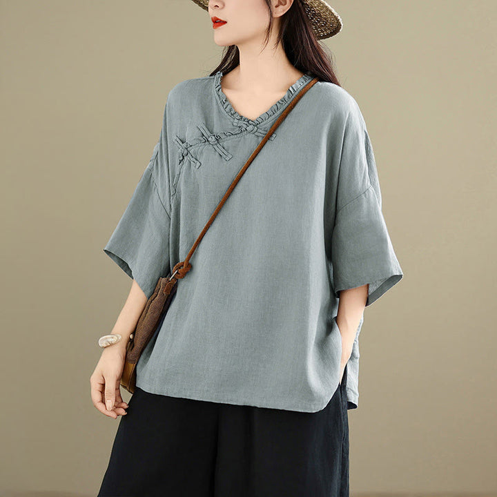 Buddha Stones Chemise unie en coton pour femme, col en V, manches longues et boutons brandebourg - Bleu clair - US8-10，UK/AU12-14，EU40-42 (2XL) - image 0