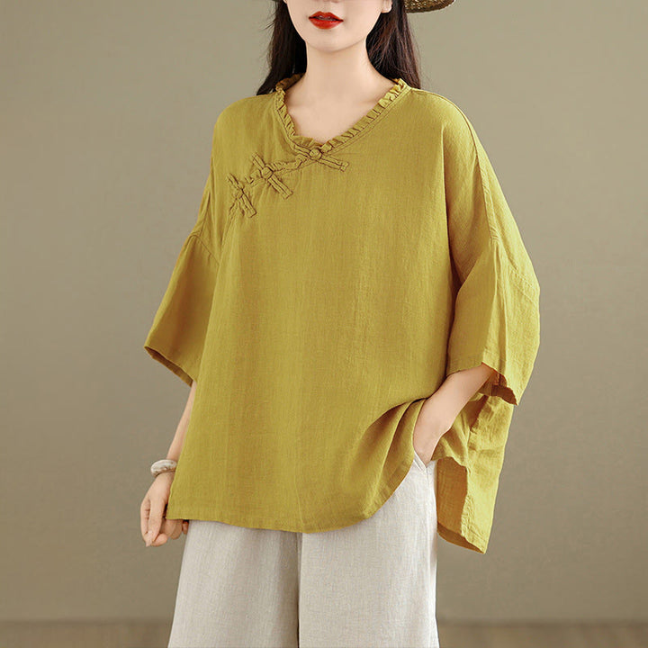 Buddha Stones Chemise unie en coton pour femme, col en V, manches longues et boutons brandebourg - image 10
