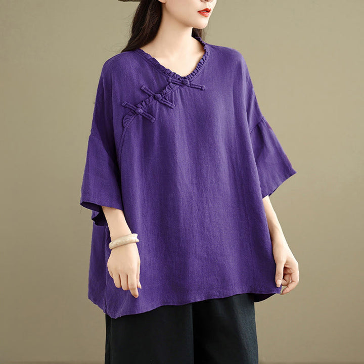 Buddha Stones Chemise unie en coton pour femme, col en V, manches longues et boutons brandebourg - image 14
