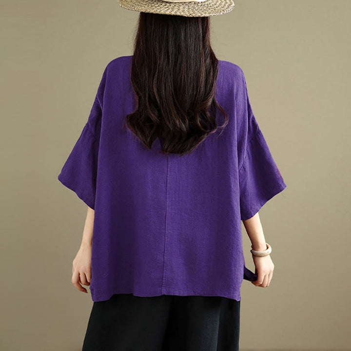Buddha Stones Chemise unie en coton pour femme, col en V, manches longues et boutons brandebourg - image 17