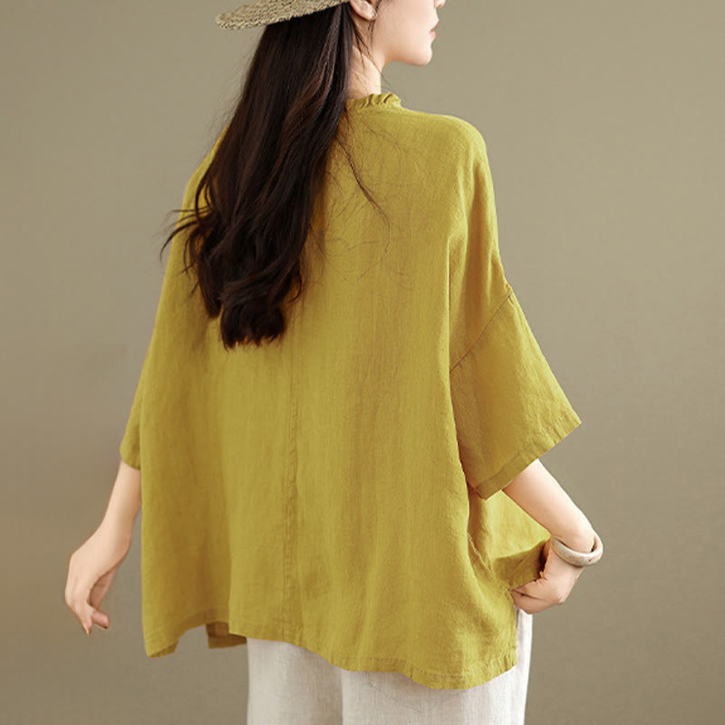 Buddha Stones Chemise unie en coton pour femme, col en V, manches longues et boutons brandebourg - image 11