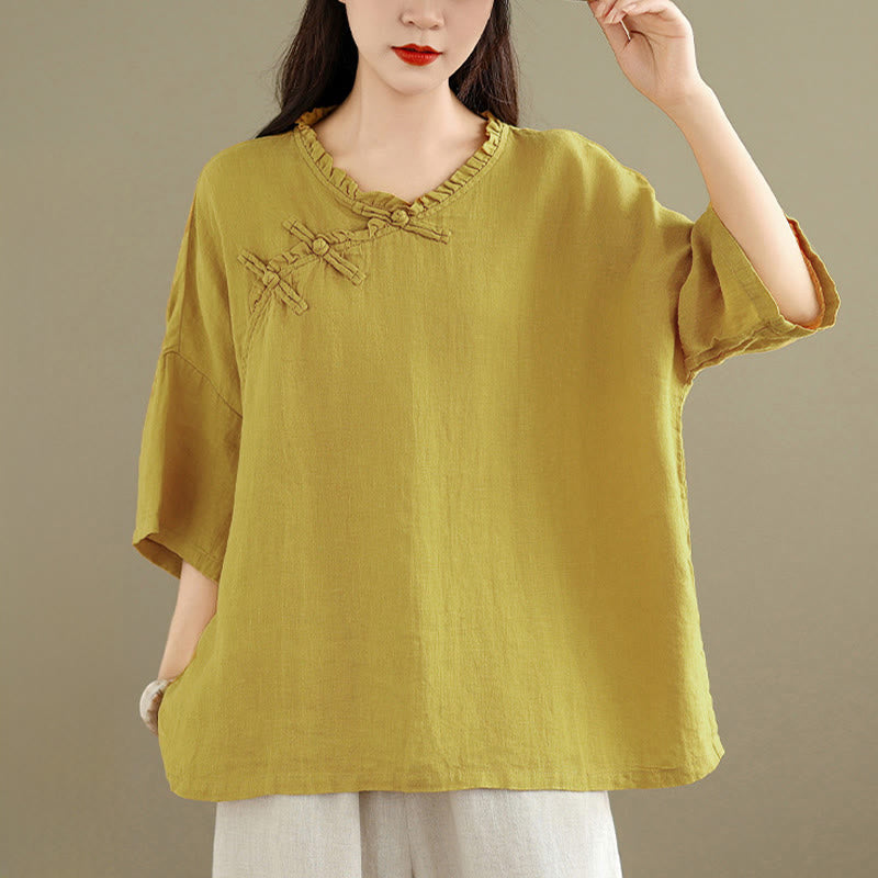 Buddha Stones Chemise unie en coton pour femme, col en V, manches longues et boutons brandebourg - image 7