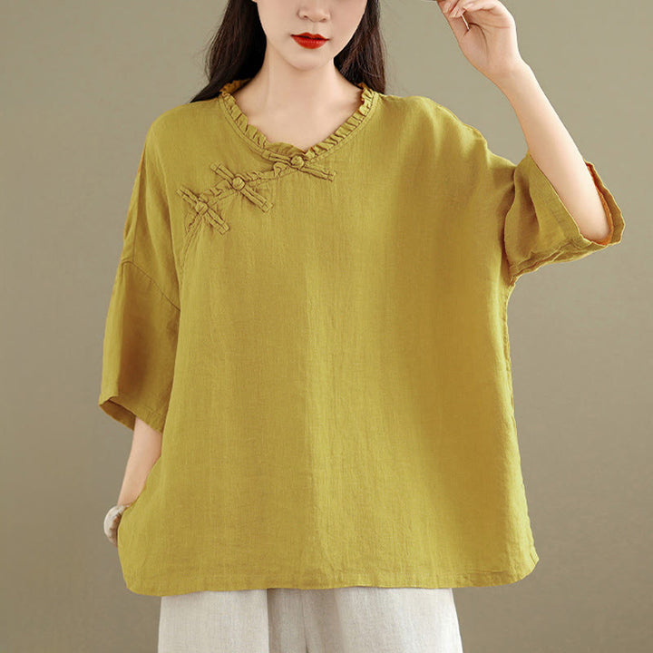 Buddha Stones Chemise unie en coton pour femme, col en V, manches longues et boutons brandebourg - image 7
