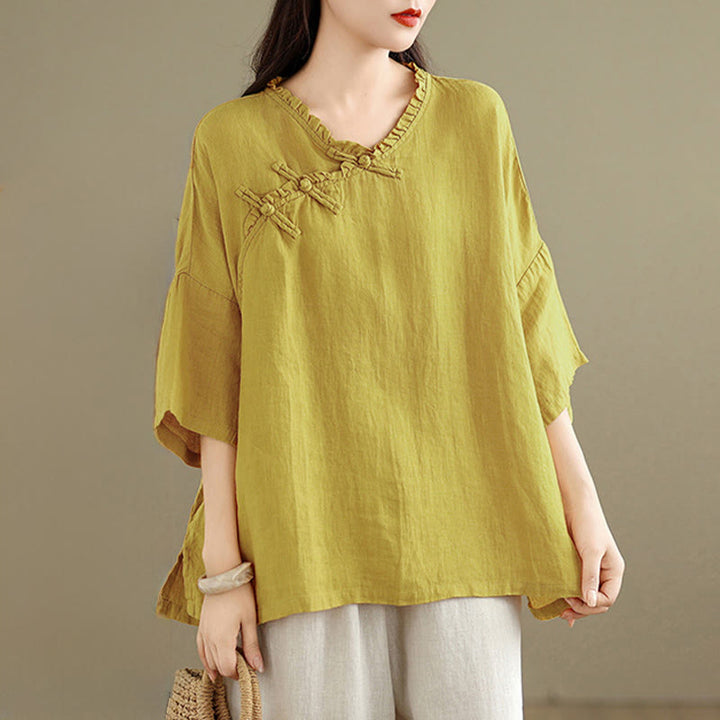 Buddha Stones Chemise unie en coton pour femme, col en V, manches longues et boutons brandebourg - image 8