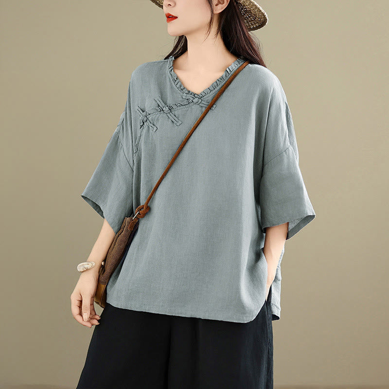 Buddha Stones Chemise unie en coton pour femme, col en V, manches longues et boutons brandebourg - Bleu clair - US8-10，UK/AU12-14，EU40-42 (2XL) - image 0
