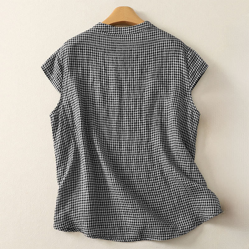 Chemise à carreaux à manches courtes et col rond Buddha Stones pour femme  - image 1