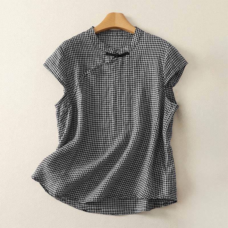 Chemise à carreaux à manches courtes et col rond Buddha Stones pour femme  - Noir - US8-10，UK/AU12-14，EU40-42 (2XL) - image 0