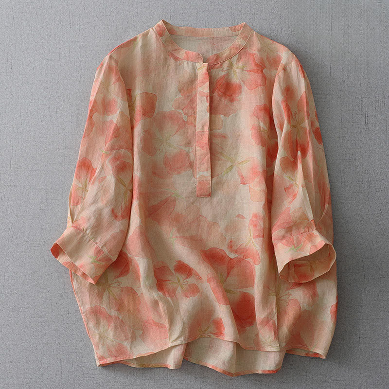 Buddha Stones Chemise à manches longues et col rond à motif floral printanier pour femme, en polyester - Corail - US8-10，UK/AU12-14，EU40-42 (2XL) - image 6