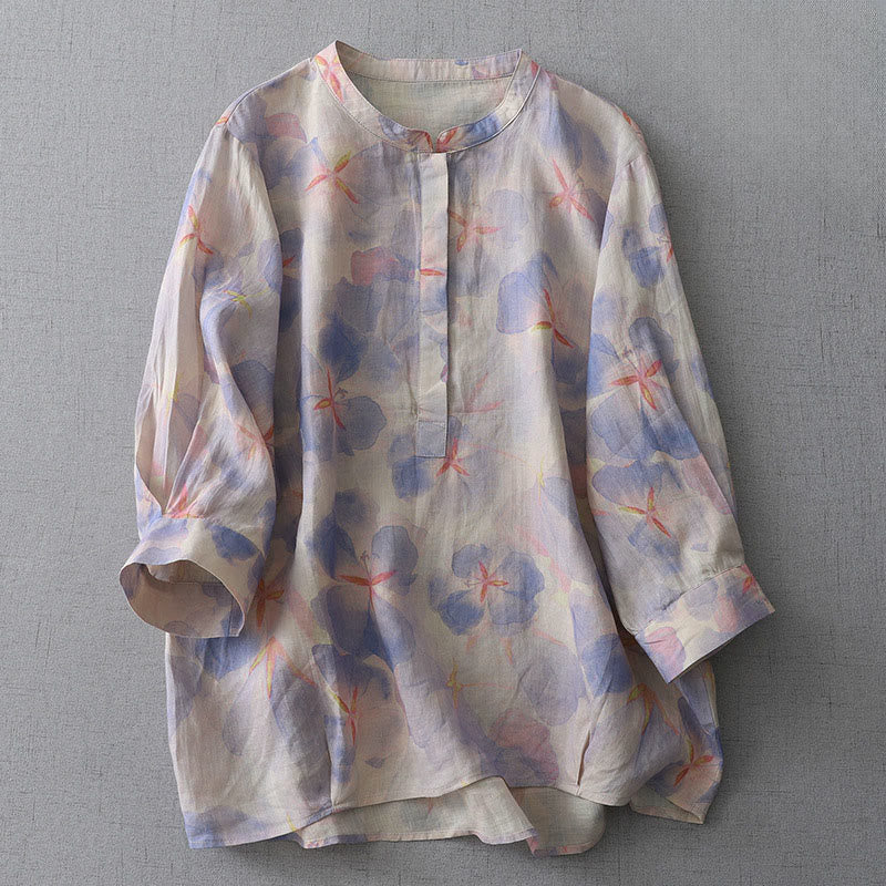 Buddha Stones Chemise à manches longues et col rond à motif floral printanier pour femme, en polyester - Bleu ardoise moyen - US8-10，UK/AU12-14，EU40-42 (2XL) - image 1