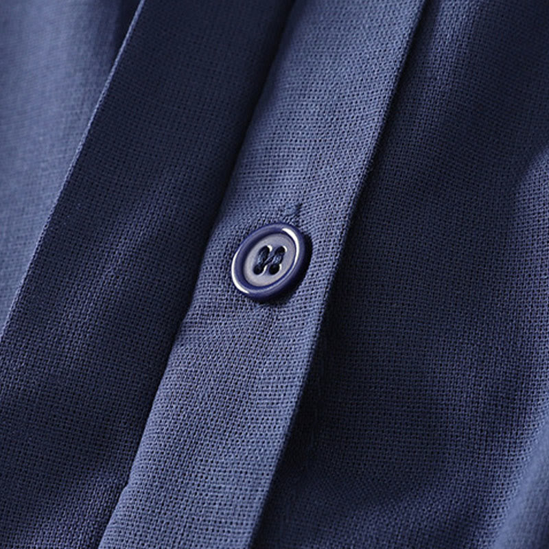 Buddha Stones Chemise d'été en coton uni à manches courtes et col montant, avec poches, et boutons. - image 2