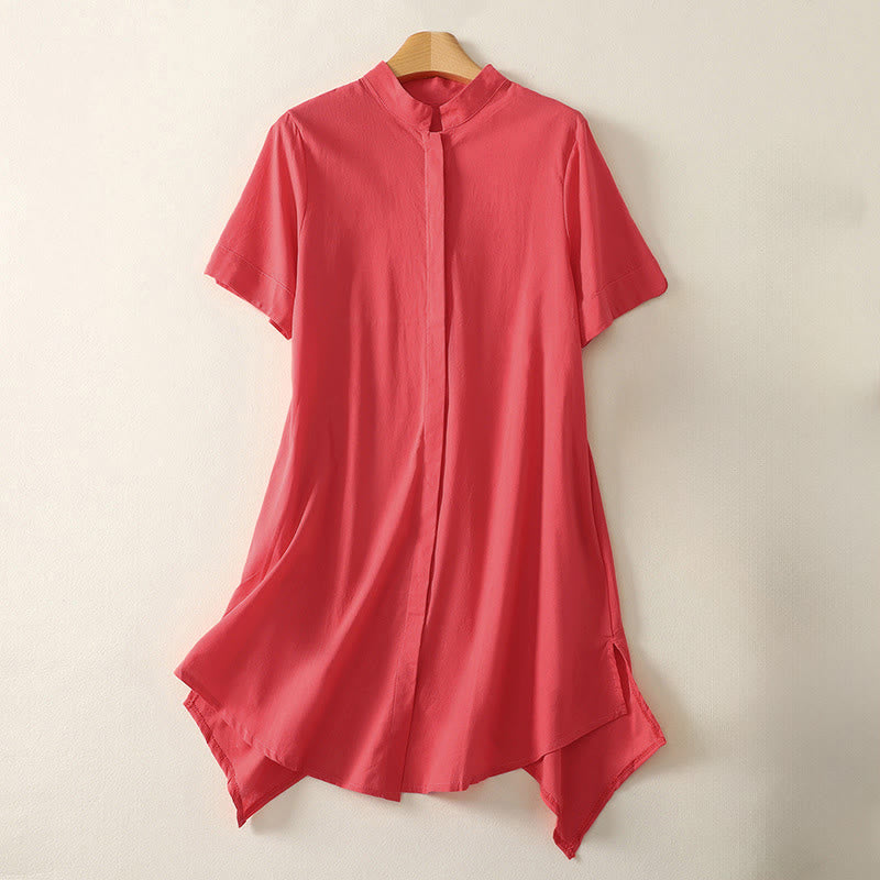 Buddha Stones Chemise d'été en coton uni à manches courtes et col montant, avec poches, et boutons. - Rouge - US8-10，UK/AU12-14，EU40-42 (2XL) - image 5