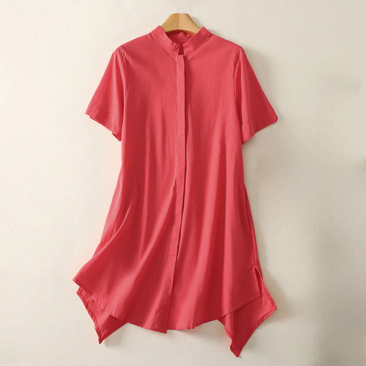 Buddha Stones Chemise d'été en coton uni à manches courtes et col montant, avec poches, et boutons. - Rouge - US8-10，UK/AU12-14，EU40-42 (2XL) - image 5