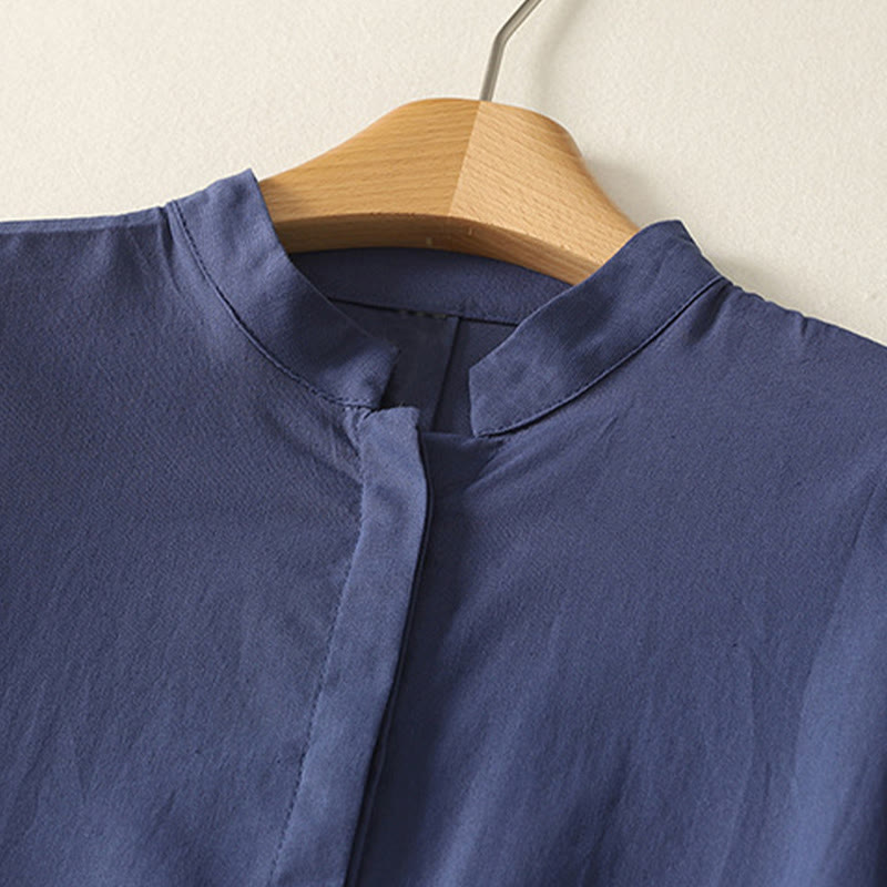 Buddha Stones Chemise d'été en coton uni à manches courtes et col montant, avec poches, et boutons. - image 1