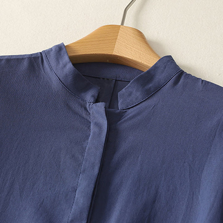 Buddha Stones Chemise d'été en coton uni à manches courtes et col montant, avec poches, et boutons. - image 1