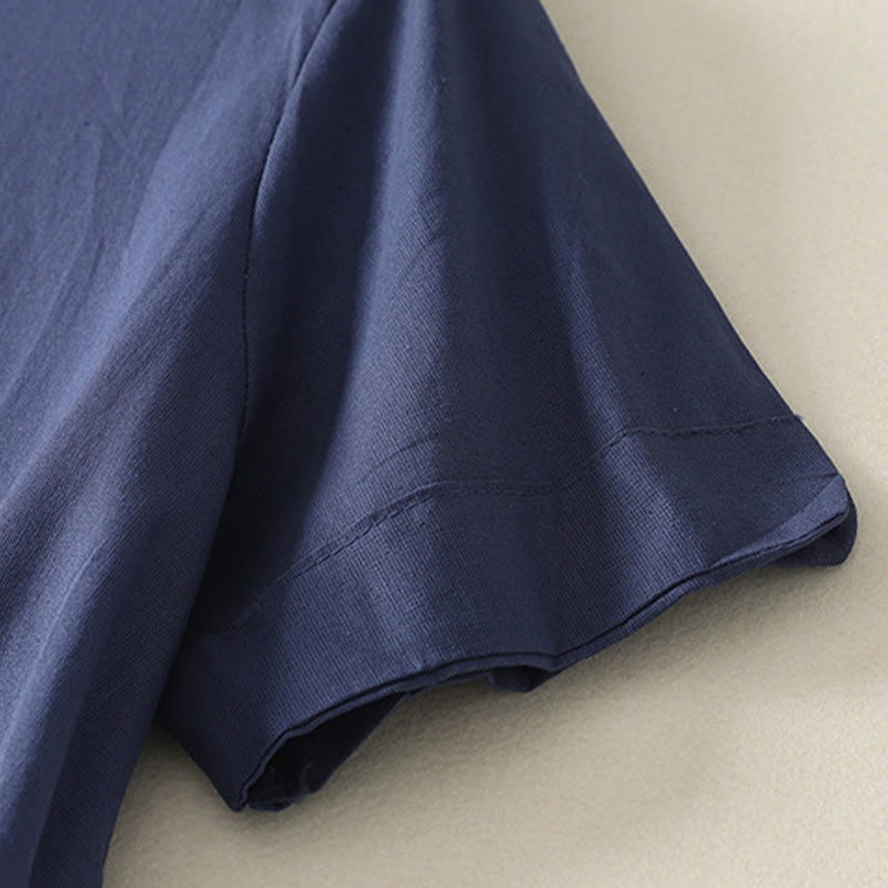 Buddha Stones Chemise d'été en coton uni à manches courtes et col montant, avec poches, et boutons. - image 3