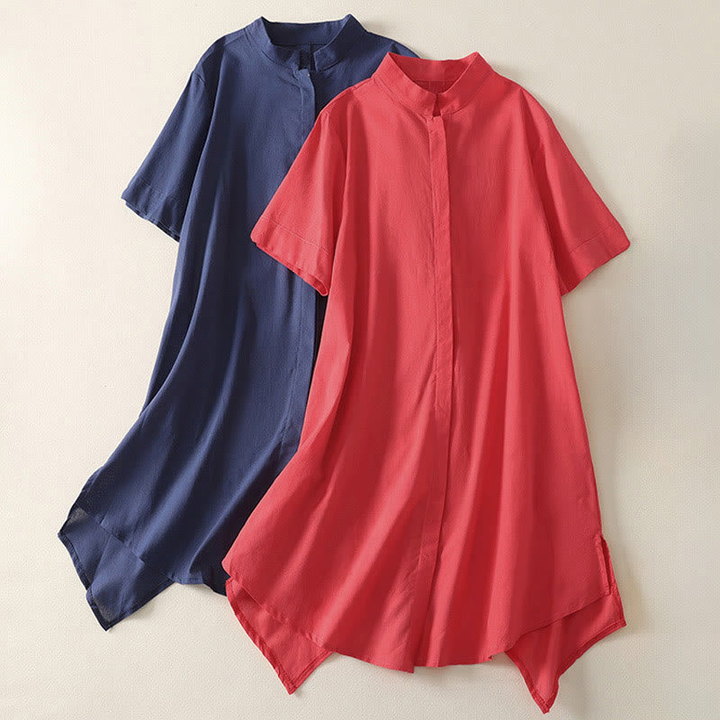 Buddha Stones Chemise d'été en coton uni à manches courtes et col montant, avec poches, et boutons. - image 15