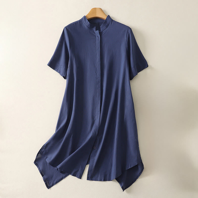 Buddha Stones Chemise d'été en coton uni à manches courtes et col montant, avec poches, et boutons. - Bleu foncé - US8-10，UK/AU12-14，EU40-42 (2XL) - image 0