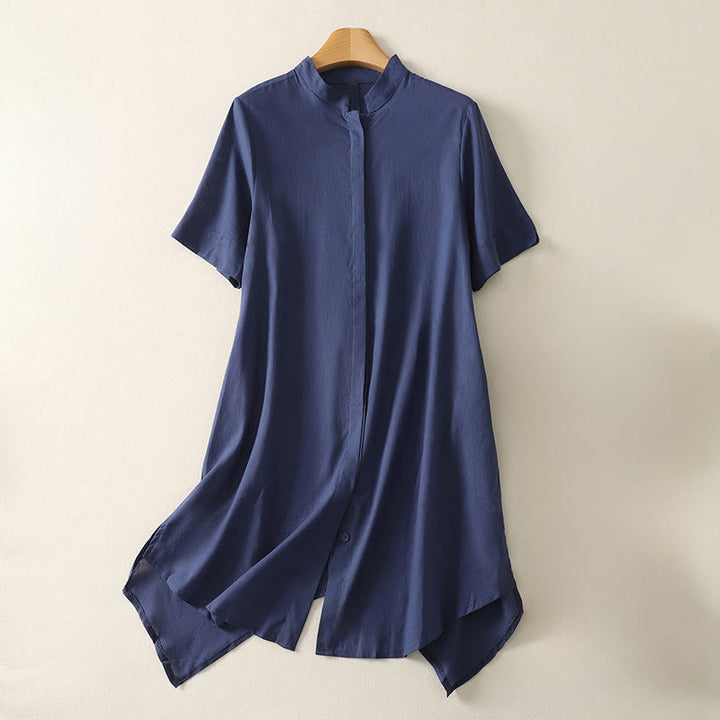 Buddha Stones Chemise d'été en coton uni à manches courtes et col montant, avec poches, et boutons. - Bleu foncé - US8-10，UK/AU12-14，EU40-42 (2XL) - image 0