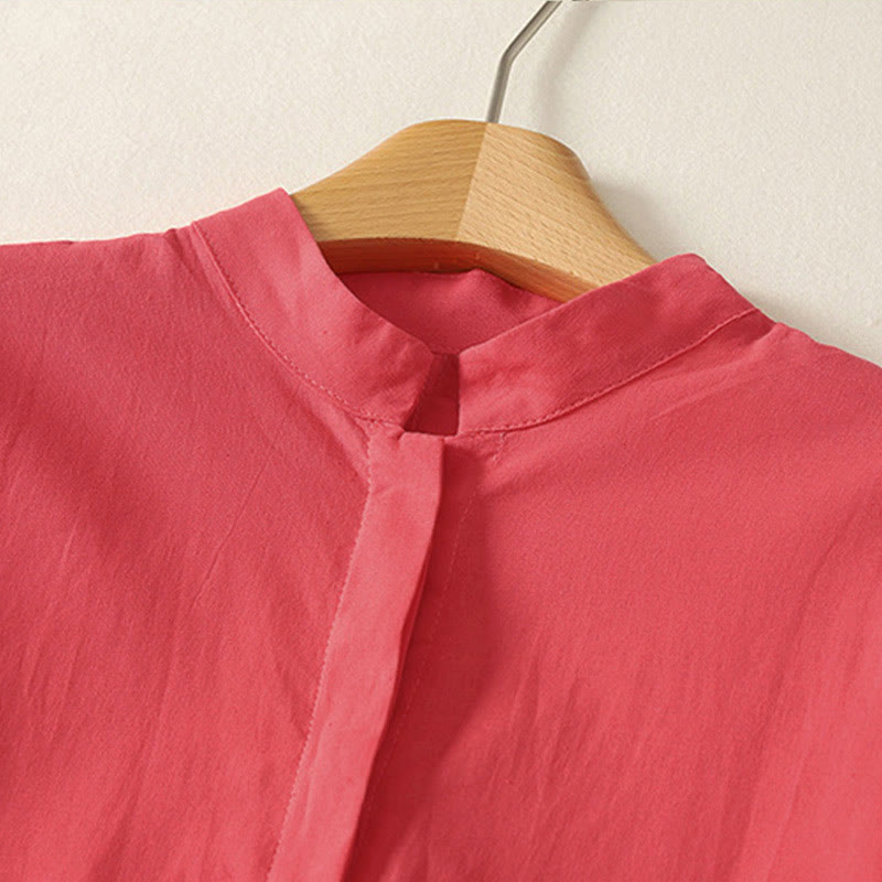 Buddha Stones Chemise d'été en coton uni à manches courtes et col montant, avec poches, et boutons. - image 7