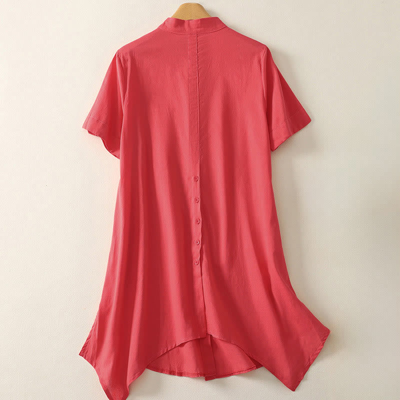 Buddha Stones Chemise d'été en coton uni à manches courtes et col montant, avec poches, et boutons. - image 6