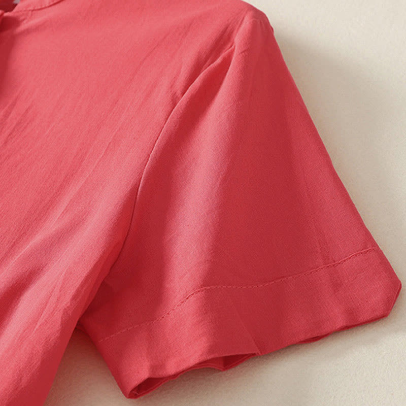 Buddha Stones Chemise d'été en coton uni à manches courtes et col montant, avec poches, et boutons. - image 9