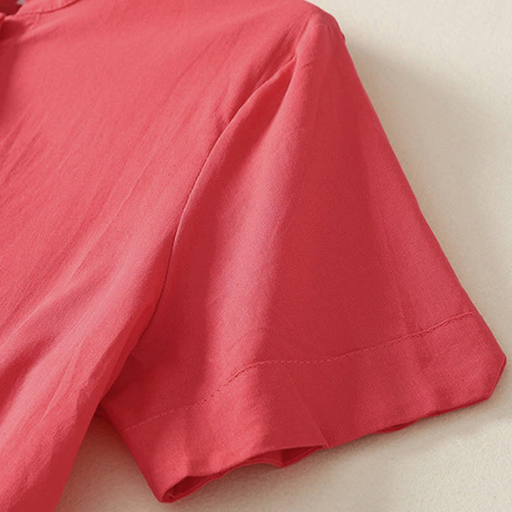 Buddha Stones Chemise d'été en coton uni à manches courtes et col montant, avec poches, et boutons. - image 9