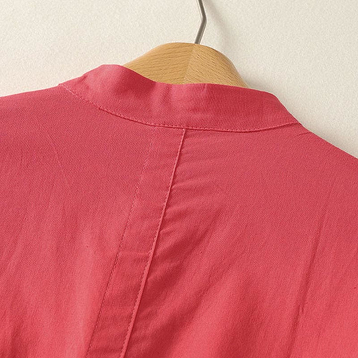 Buddha Stones Chemise d'été en coton uni à manches courtes et col montant, avec poches, et boutons. - image 8