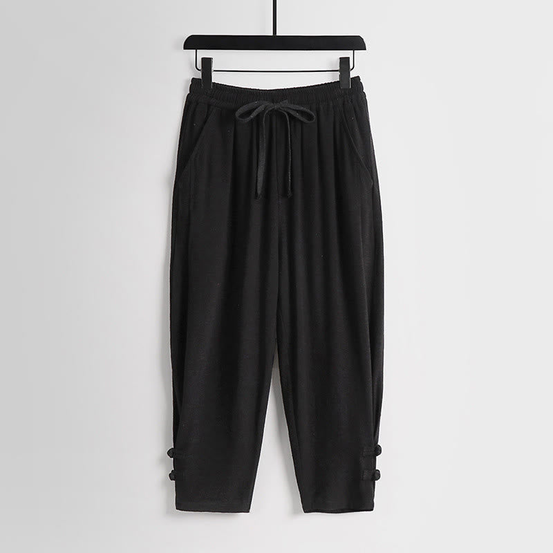 Buddha Stones Pantalon d'été pour homme en coton et lin, longueur cheville, taille élastique avec cordon de serrage et boutons brandebourg, poches - Noir - US/UK/AU54，EU64 (9XL) - image 10