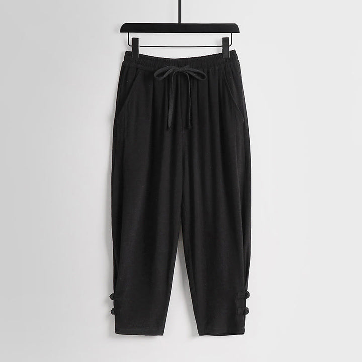 Buddha Stones Pantalon d'été pour homme en coton et lin, longueur cheville, taille élastique avec cordon de serrage et boutons brandebourg, poches - Noir - US/UK/AU54，EU64 (9XL) - image 10