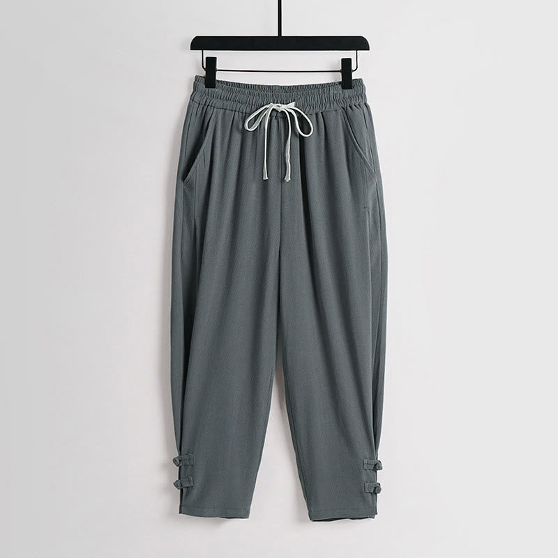 Buddha Stones Pantalon d'été pour homme en coton et lin, longueur cheville, taille élastique avec cordon de serrage et boutons brandebourg, poches - CadetBlue - US/UK/AU54，EU64 (9XL) - image 0