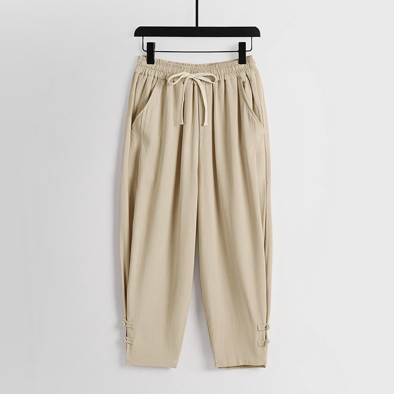 Buddha Stones Pantalon d'été pour homme en coton et lin, longueur cheville, taille élastique avec cordon de serrage et boutons brandebourg, poches - Bisque - US/UK/AU54，EU64 (9XL) - image 11