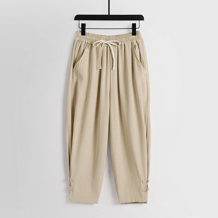 Buddha Stones Pantalon d'été pour homme en coton et lin, longueur cheville, taille élastique avec cordon de serrage et boutons brandebourg, poches - Bisque - US/UK/AU54，EU64 (9XL) - image 11