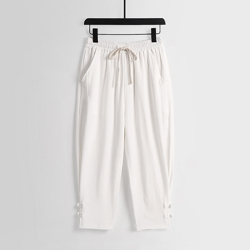Buddha Stones Pantalon d'été pour homme en coton et lin, longueur cheville, taille élastique avec cordon de serrage et boutons brandebourg, poches - Blanc - US/UK/AU54，EU64 (9XL) - image 13