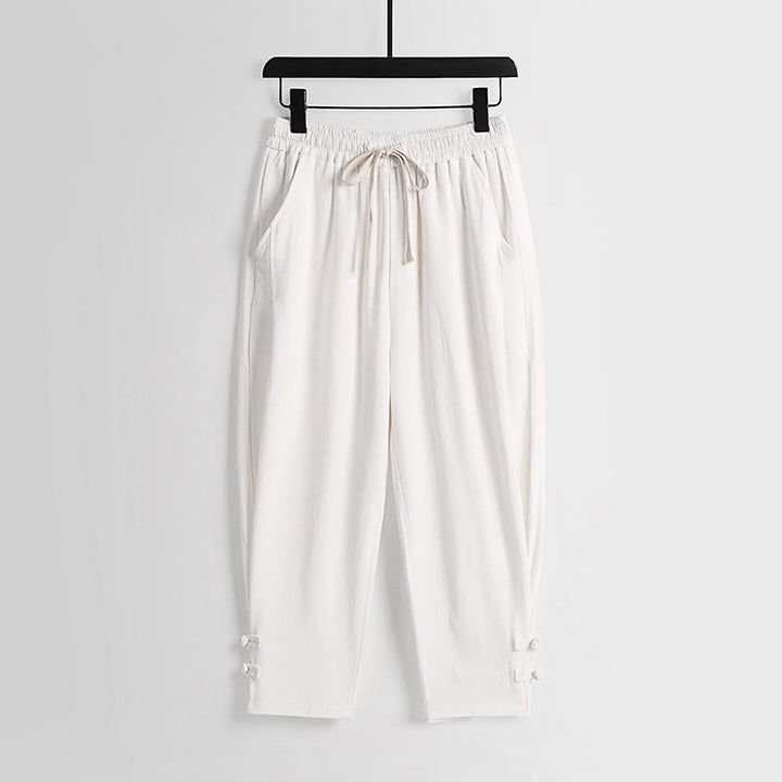 Buddha Stones Pantalon d'été pour homme en coton et lin, longueur cheville, taille élastique avec cordon de serrage et boutons brandebourg, poches - Blanc - US/UK/AU54，EU64 (9XL) - image 13
