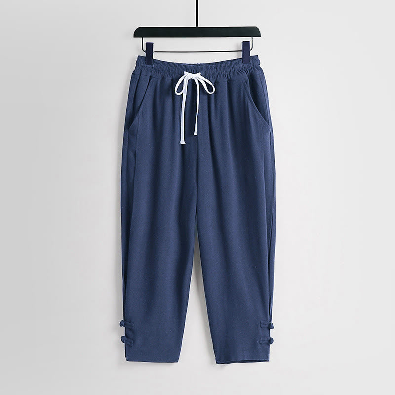 Buddha Stones Pantalon d'été pour homme en coton et lin, longueur cheville, taille élastique avec cordon de serrage et boutons brandebourg, poches - SteelBlue - US/UK/AU54，EU64 (9XL) - image 12