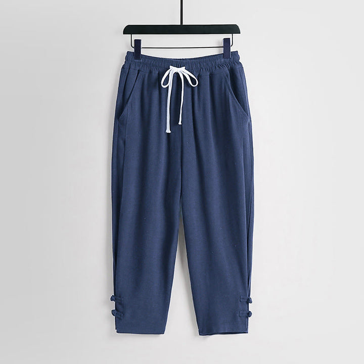 Buddha Stones Pantalon d'été pour homme en coton et lin, longueur cheville, taille élastique avec cordon de serrage et boutons brandebourg, poches - SteelBlue - US/UK/AU54，EU64 (9XL) - image 12