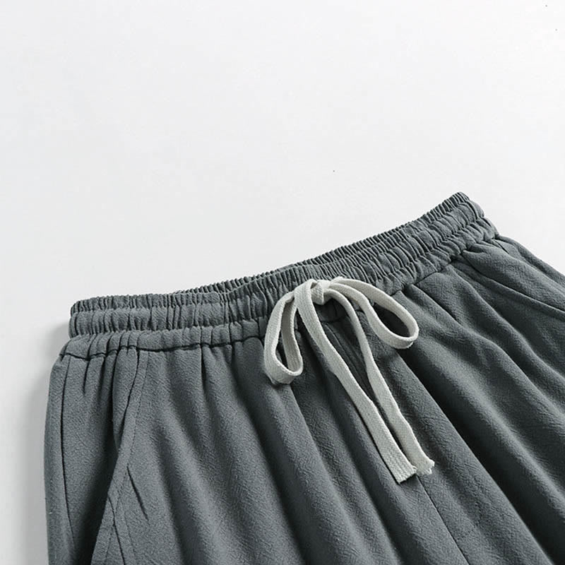 Buddha Stones Pantalon d'été pour homme en coton et lin, longueur cheville, taille élastique avec cordon de serrage et boutons brandebourg, poches - image 2