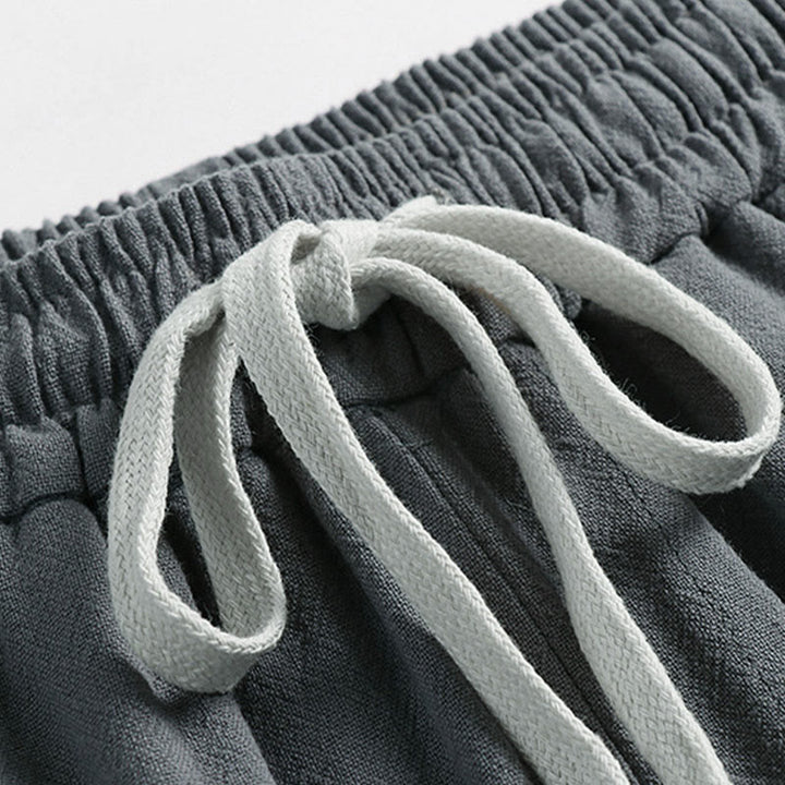Buddha Stones Pantalon d'été pour homme en coton et lin, longueur cheville, taille élastique avec cordon de serrage et boutons brandebourg, poches - image 3