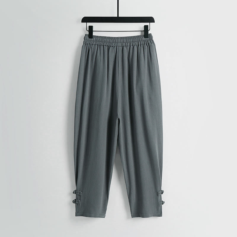 Buddha Stones Pantalon d'été pour homme en coton et lin, longueur cheville, taille élastique avec cordon de serrage et boutons brandebourg, poches - image 1
