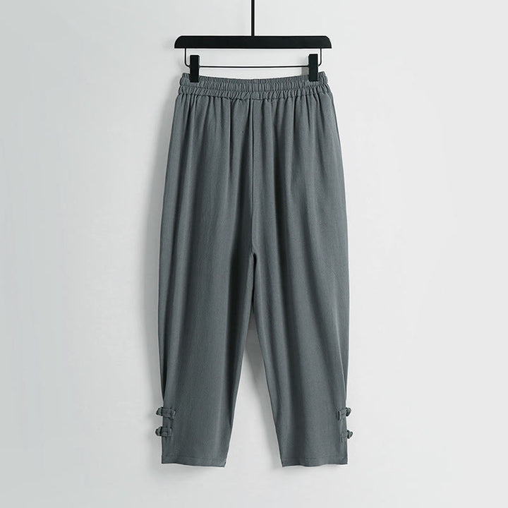 Buddha Stones Pantalon d'été pour homme en coton et lin, longueur cheville, taille élastique avec cordon de serrage et boutons brandebourg, poches - image 1