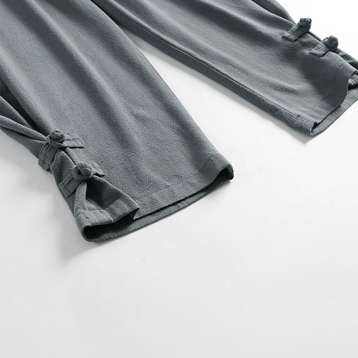 Buddha Stones Pantalon d'été pour homme en coton et lin, longueur cheville, taille élastique avec cordon de serrage et boutons brandebourg, poches - image 8