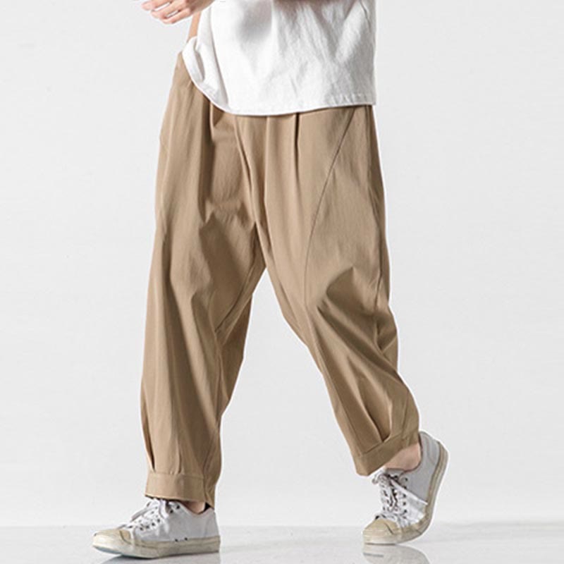Buddha Stones Pantalon cargo harem homme d'été uni à cordon de serrage et poches, longueur cheville - image 1