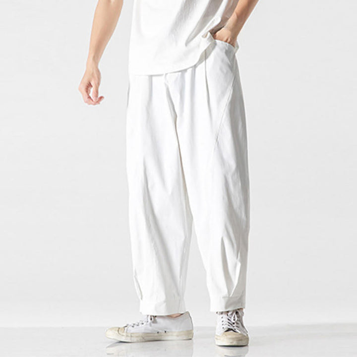 Buddha Stones Pantalon cargo harem homme d'été uni à cordon de serrage et poches, longueur cheville - image 26