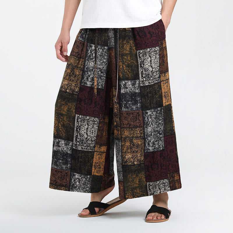 Buddha Stones Pantalon d'été patchwork pour homme, longueur 7-8, jambes larges, avec poches - image 1